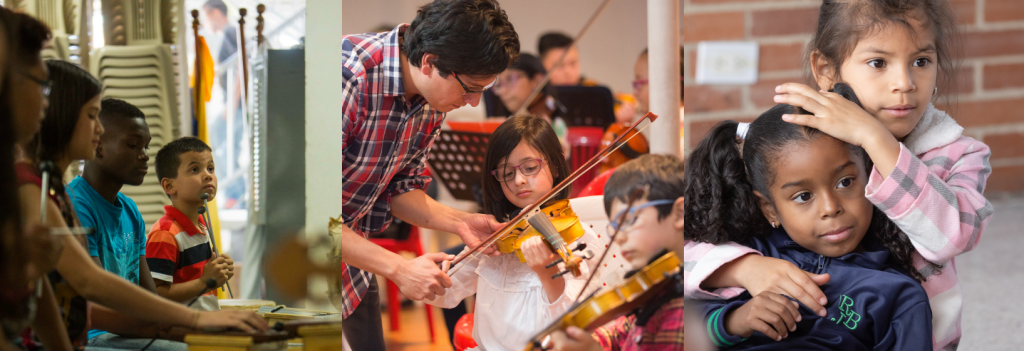Collage de tres imágenes mostrando a distintos estudiantes de centros musicales de la Fundación Batuta