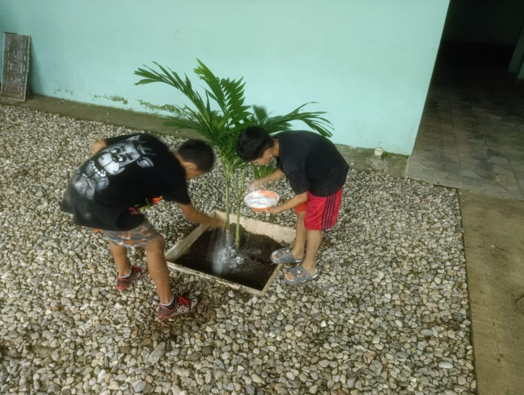 Dos niños fertilizando tierra para una planta del centro musical Las palmeras