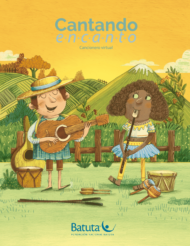 La portada es un dibujo de un hombre y una mujer tocando la guitarra y una flauta en el campo.