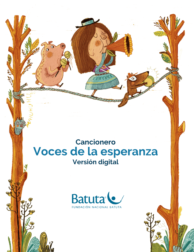 La portada es un dibujo de una niña caminando entre árboles con un instrumento de viento, acompañada de un cerdo y una ardilla que también tocan instrumentos.